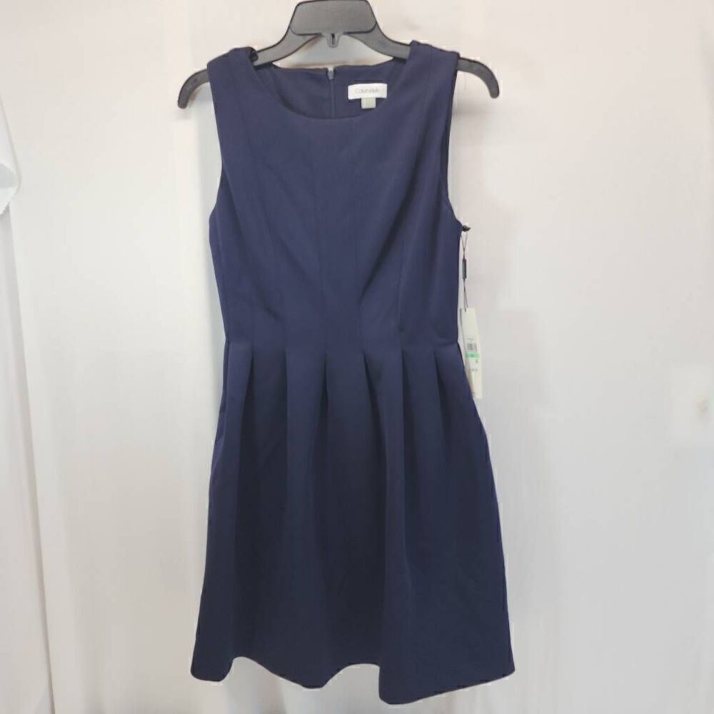 Calvin Klein Size 8 Petite Navy Blue Pleated Fit a Flare Dress S3 NWT